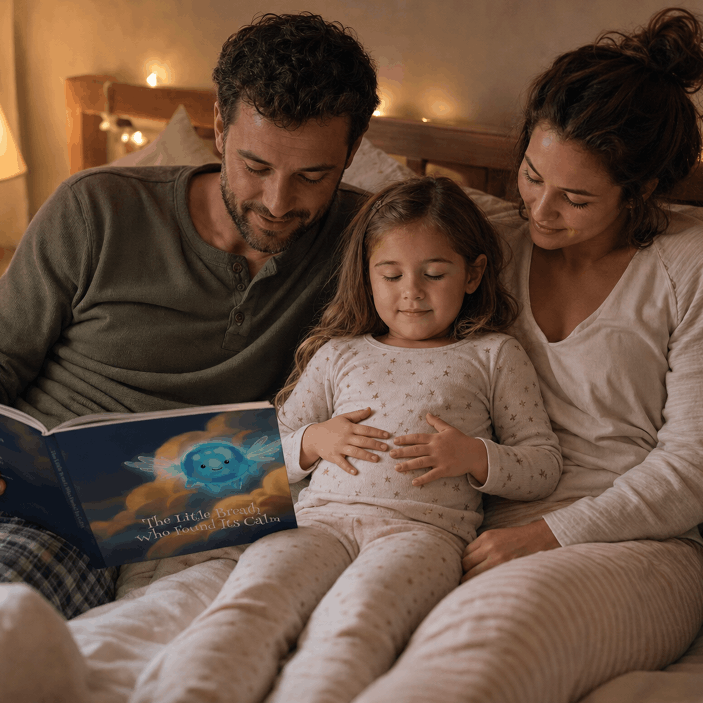 A mother and father reading Bree's story at bedtime while their daughter rests both hands on her belly